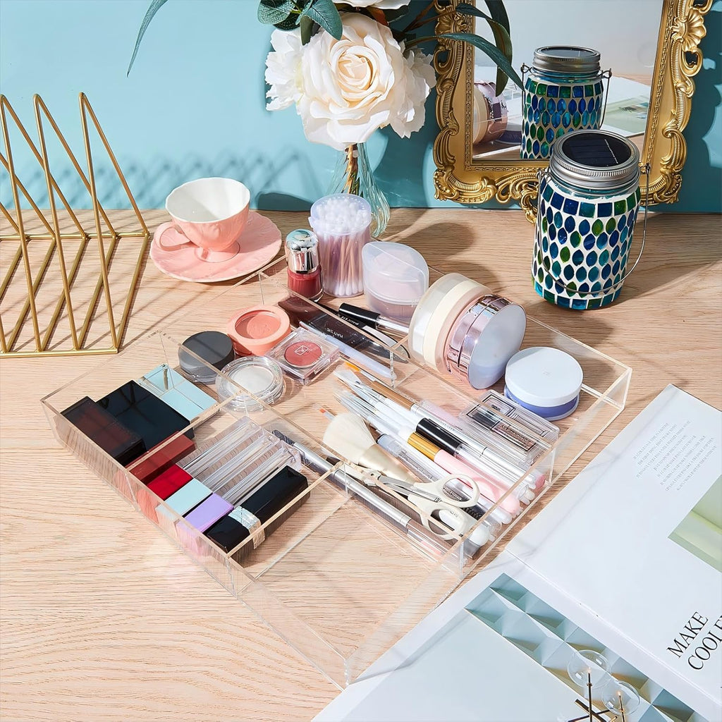 Chunful Clear Drawer Organizer 2 Pieces 6 Section Clear Desk Organizer with Dividers 3 Section Acrylic Makeup Tray Divided Drawer Inserts Sectioned Tray Makeup Storage