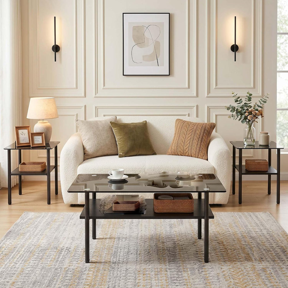 3 Piece Glass Coffee Table Set with 2-Tier Storage, Tempered Glass Living Roo...