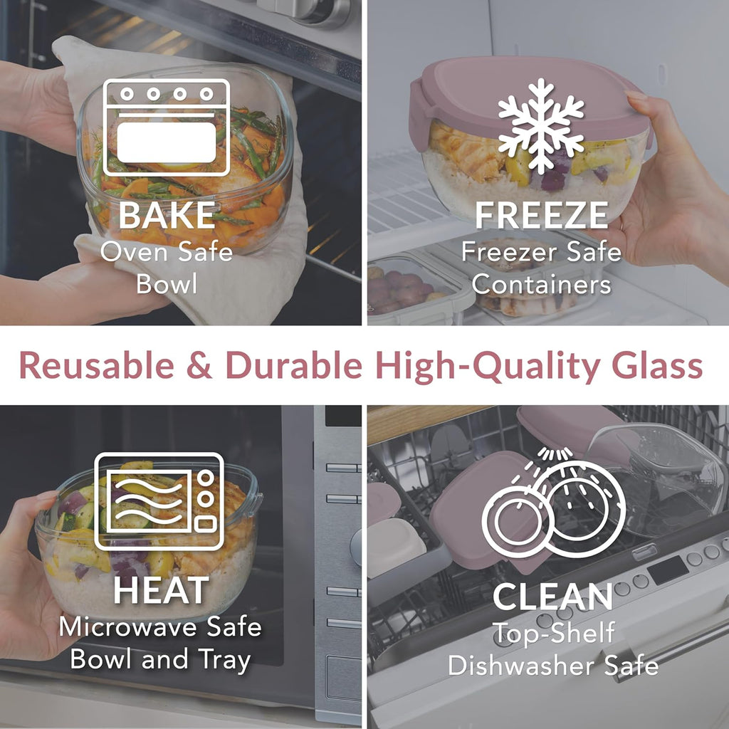 Bentgo Glass All-in-One Salad Container - Large 61-oz Salad Bowl with Lid, 4-Compartment Bento-Style Tray, 3-oz Sauce Container, and Reusable Fork - Dishwasher, Microwave, and Oven Safe (Rose)