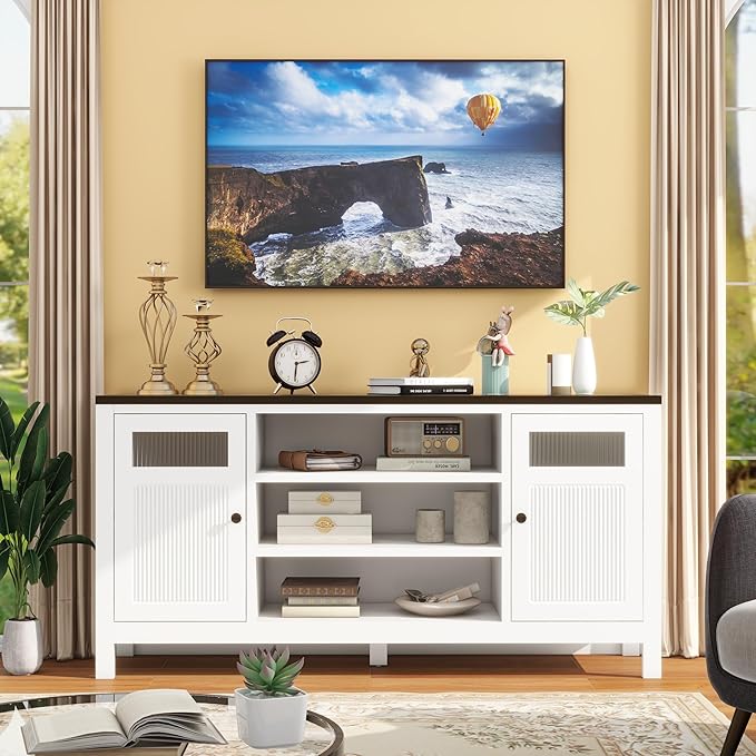 White Tv Stands for Living Room: 63 Inch Tv Cabinet for Tvs Up to 75 Inch, Tall Entertainment Center with Storage, Modern Fluted Media Console for 60 65 70 75 Inches Television (White)