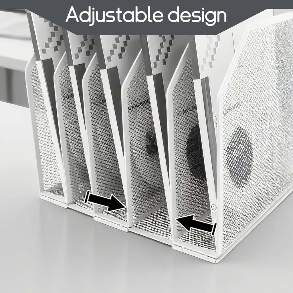 Adjustable Desk File Organizer,Detachable Office Folder Organizer,Compact Vertical Desk File Holder,Wrought Iron Paint,Suitable for Home, School, Office Classrooms (White - 5 grids)