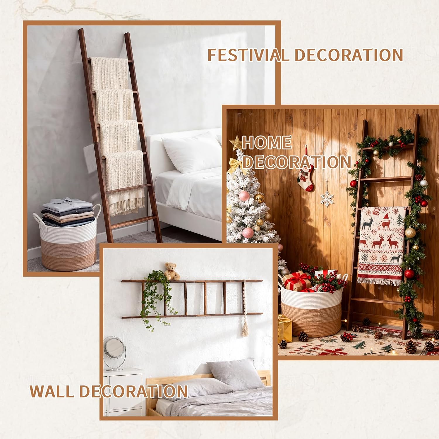 Novabright 3 Pcs Farmhouse Living Room Decoration Set with 5.6 Ft Wooden Blanket Ladder 20 x 13 Inches Large Woven Blanket Basket 58 Inches Wood Bead Garland with Tassels for Bedroom Home Decor