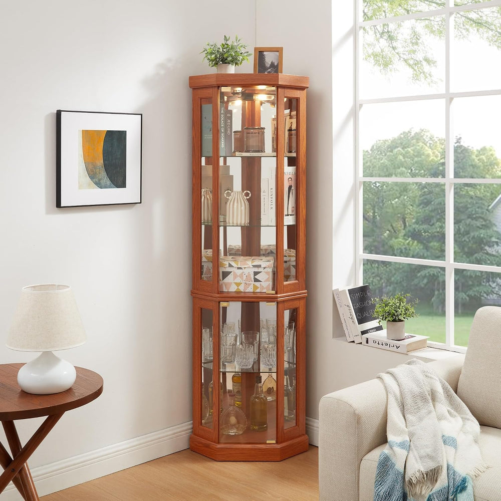 70" Lighted Corner Curio Cabinet, Wood China Display Case with Tempered ...