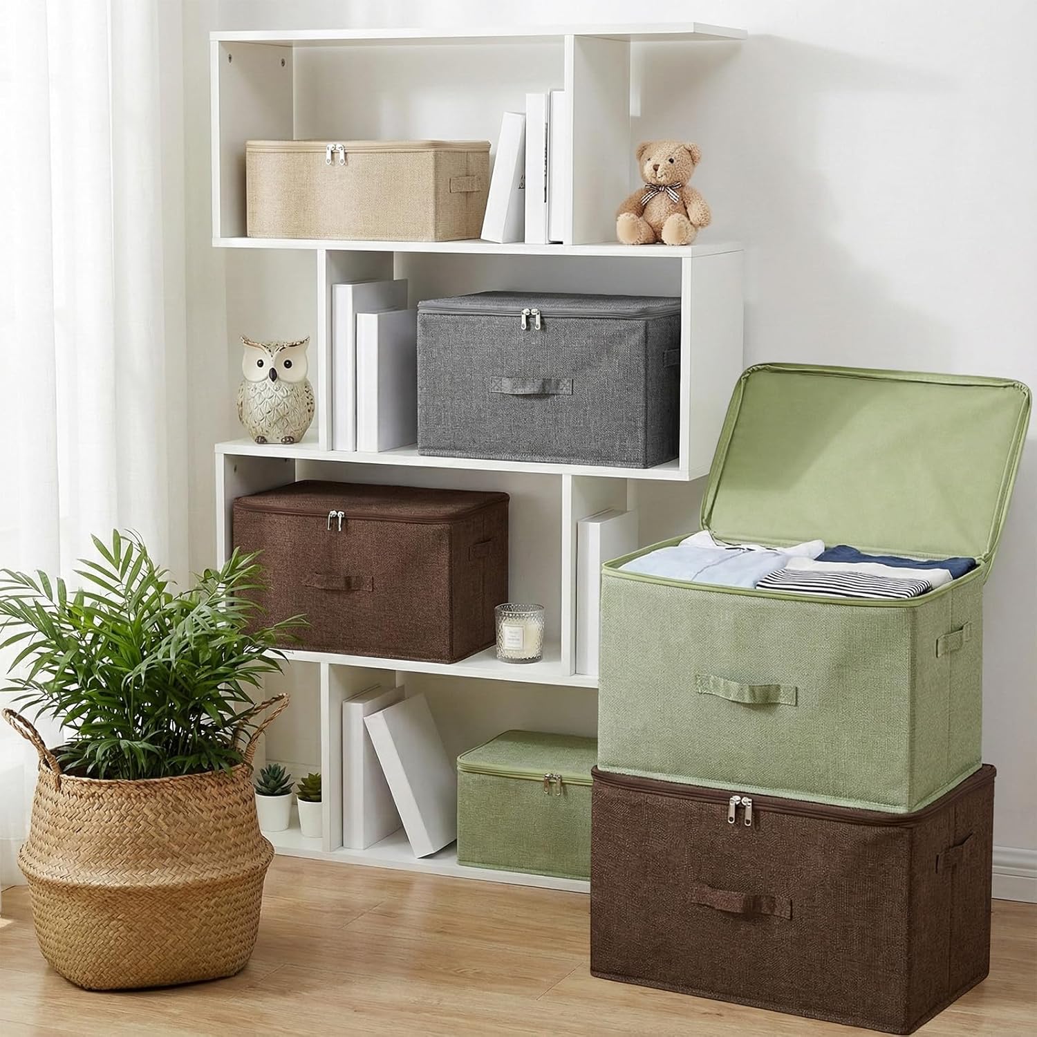 ANMINY Fabric Storage Bins with Zipper Lids, 15"x10"x6", Green, 1 PCS | 15.6Qt Cotton Linen Storage Box, PP Board Frame, Washable Collapsible, with Handles & 3-side Open Lid, Stackable, Small