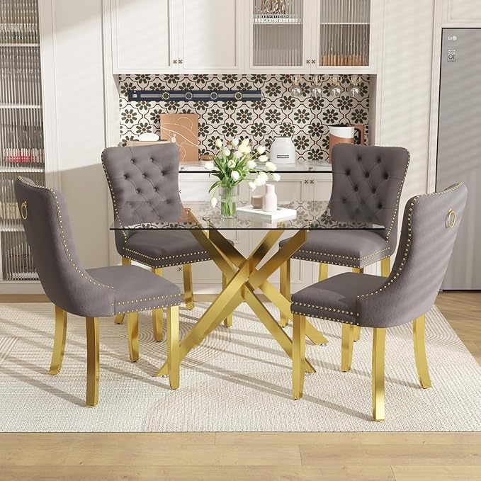 51 Inch Glass Dining Table Set for 4, Rectangular Glass Kitchen Table with 4 Upholstered Velvet Accent Chairs, 5 Piece Modern Dining Room Set, for Home, Apartment, Small Spaces - Grey Gold