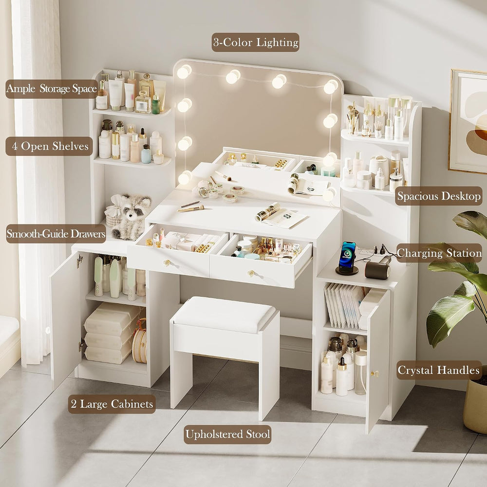 wanan Vanity with Chair, Large Vanity Set with Mirror, Lights & Outlet | ...