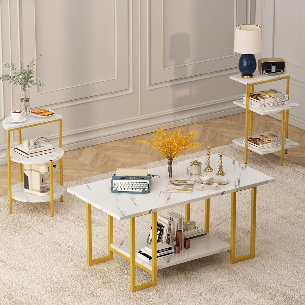 Lamerge Coffee Table Set of 3,Rectangle Coffee Table&2 Accent Table,Faux ...