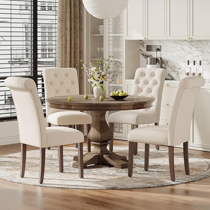 Upholstered Tufted Dining Room Chairs Set of 4, Parsons Kitchen Chairs with Padded Seat and Solid Wood Legs, Fabric Accent Side Diner Chair for Dining Room/Kitchen/Living Room, Beige