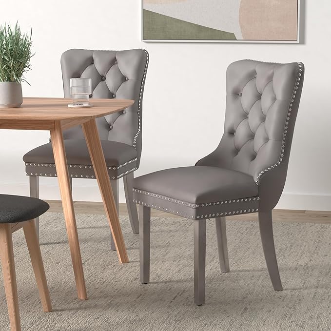 Velvet Dining Chairs Set of 2, Upholstered Dining Room Chairs with Back Ring Pull Trim and Sliver Stainless Steel Legs,Tufted Wingback Chair Perfect for Dining Room,Kitchen(Grey)