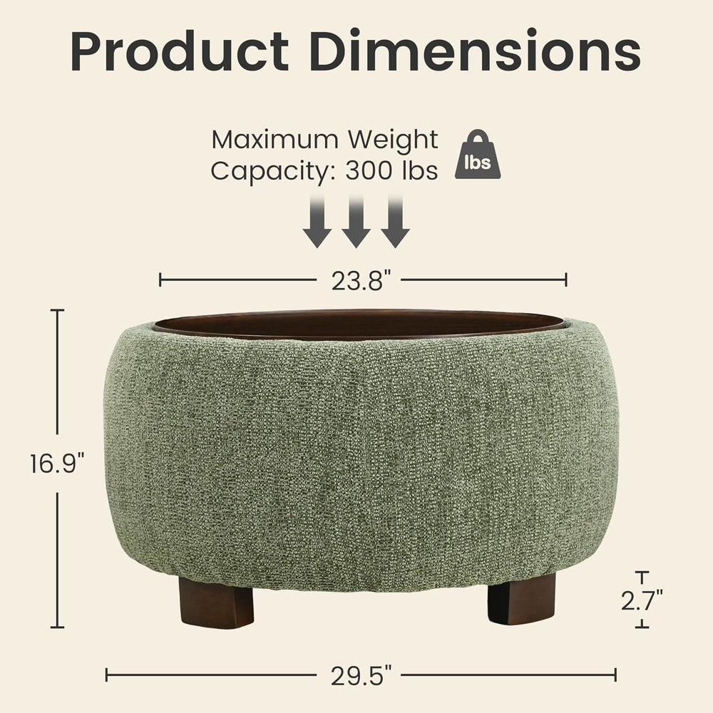 VKNOW 30 Inch Fabric Round Storage Ottoman with Wood Lift-Off Lid, Green | Mo...