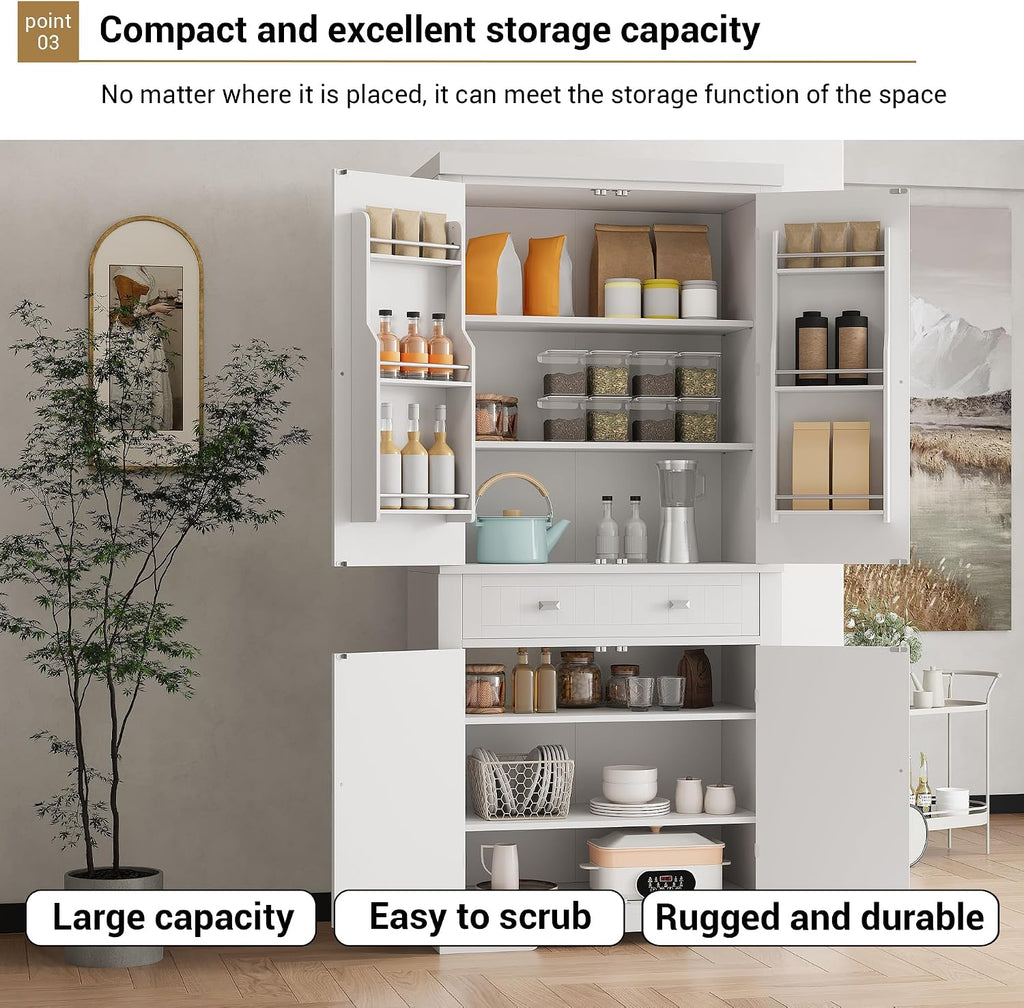 72 Inch Food Pantry Cabinet, Modern White Wood Kitchen Storage Cabinet with Door Shelves & Drawer, Freestanding Cupboard for Dining Room, Living Room, Apartments