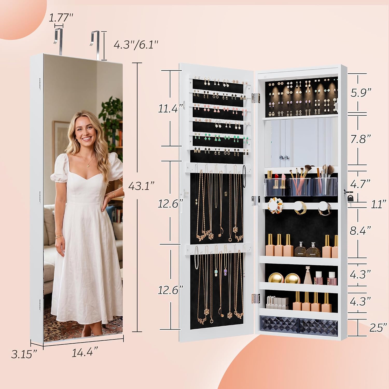 Unisakey Lockable Mirror Jewelry Cabinet LED Lights Wall Mount White | Door or Wall Mount Flexible,Drawers Cosmetic Trays Shelves Inside,Built-in Full-Length Mirror,Dimensions 14.4"×3.15"×43.1"