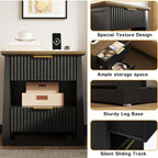 HIFYOBRO Fluted Nightstands with Charging Station & Motion Sensor Light, Modern Bedside Tables with 2 Drawers and Storage Shelf for Bedroom, Black