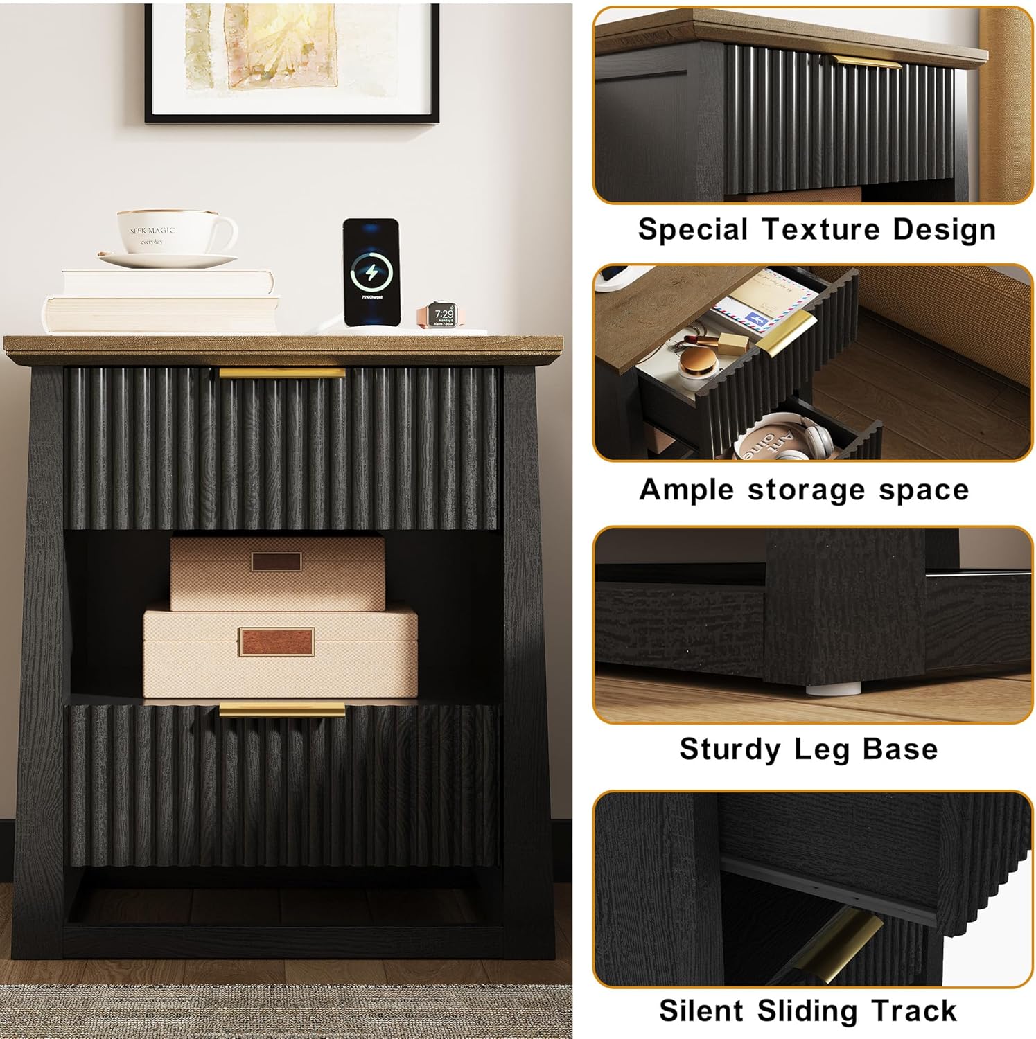 HIFYOBRO Fluted Nightstands with Charging Station & Motion Sensor Light, Modern Bedside Tables with 2 Drawers and Storage Shelf for Bedroom, Black