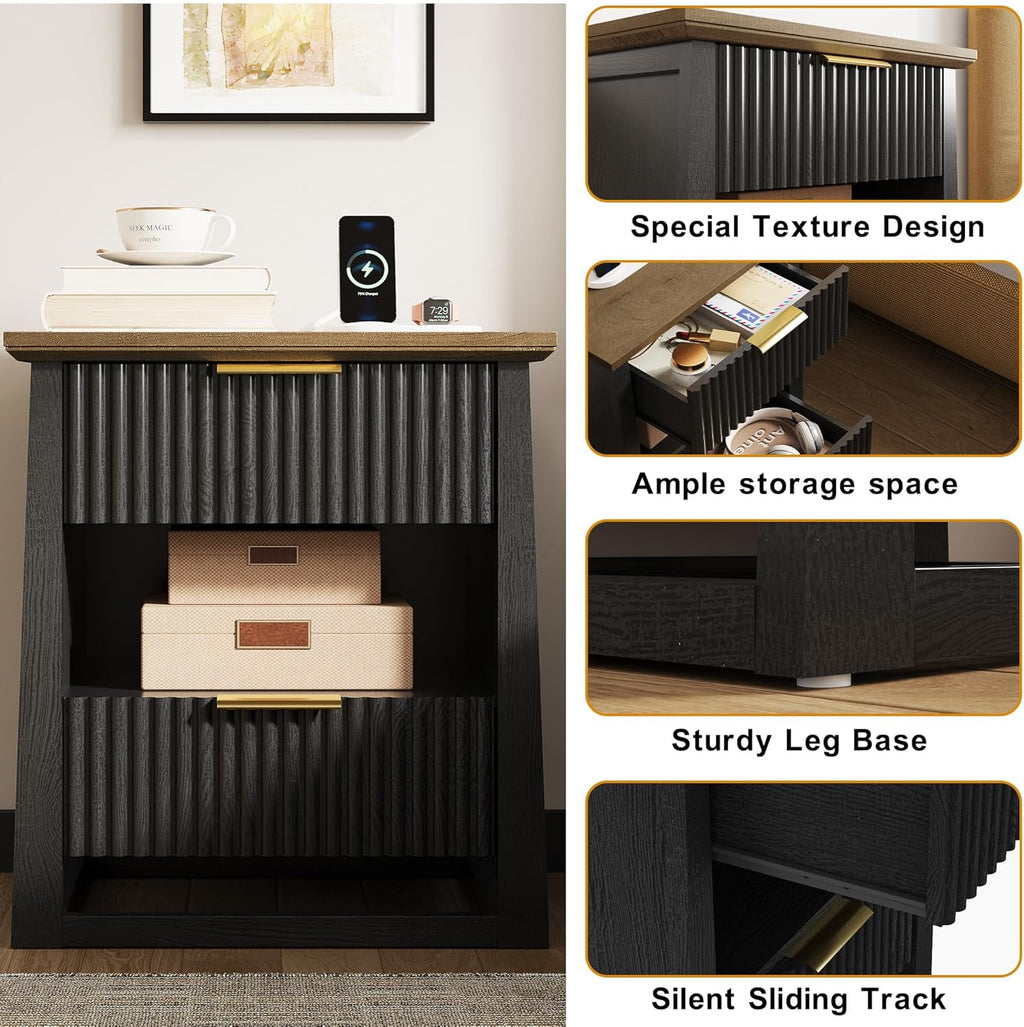 HIFYOBRO Fluted Nightstands Set of 2 with Charging Station & Motion Sensor Light, Modern Bedside Tables with 2 Drawers and Storage Shelf for Bedroom, Black