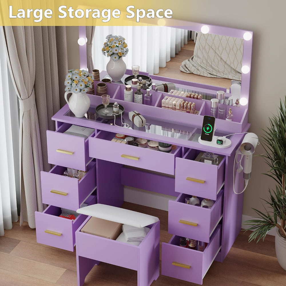 BORNOON Makeup Vanity with Large Lighted Mirror and Chair, 7 Drawers Vanity M...