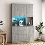 74 Inch Freestanding Kitchen Pantry Cabinet, Wooden Cutlery Storage Cabinet with Charging Station, LED Light for Kitchen, Dining Room and Living Room (Gray)