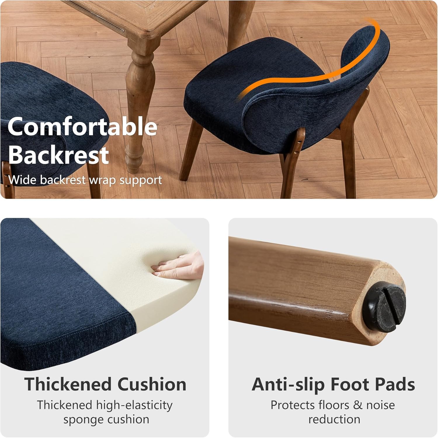 YOUNIKE Dining Chair with Back Single Mid Century Modern Kitchen Chair Boucle Fabric Upholstered Armless Chair 20" Wide Padded Seat with Wooden Legs for Kitchen Dining Living Room Bedroom Navy Blue