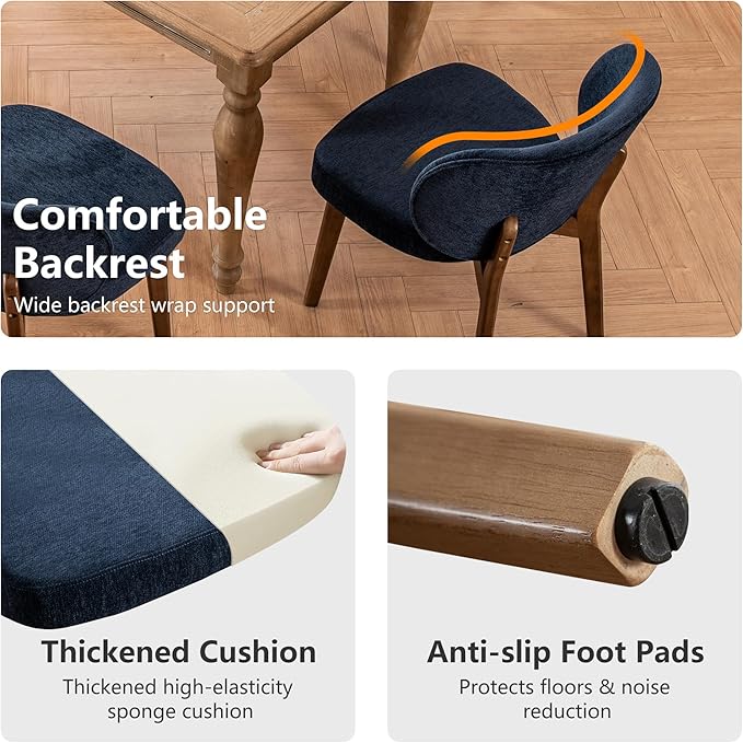 YOUNIKE Dining Chairs Set of 2 Mid Century Modern Kitchen Chair with Back Boucle Fabric Upholstered Armless Chair 20" Wide Padded Seat with Wooden Legs for Kitchen Dining Living Room Bedroom Navy Blue