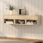 Floating Nightstand Set of 2 with Drawer, Fluted Modern Night Stand with Fluted Door and Open Storage Shelf Wall Mounted Bedside Table for Bedroom, Entryway Light Oak
