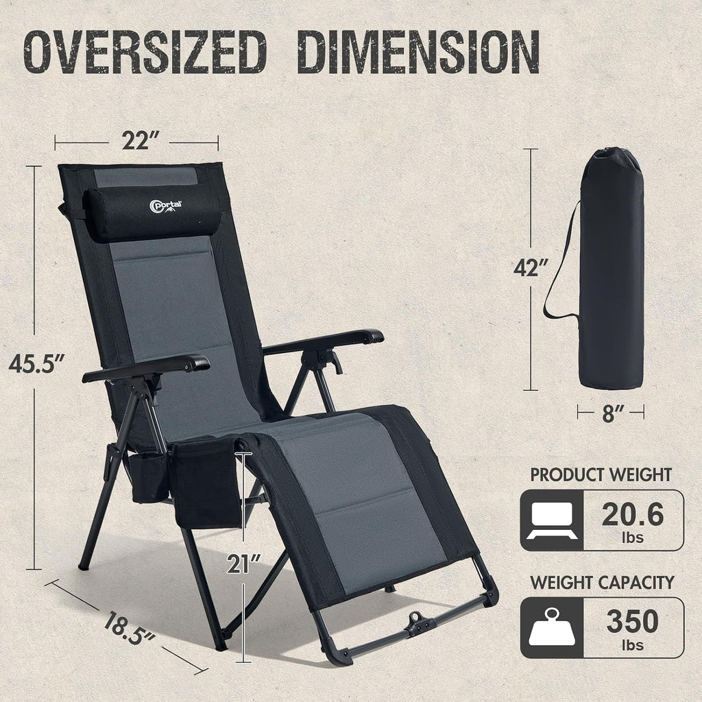 Portal Portable Zero Gravity Chair, Lounge Chair Outdoor Oversized Zero Gravity Chair Folding Lounge Chair with Adjustable Pillows and Cup Holder for Poolside and Lawn, Support 350lbs, Black, 1Pack