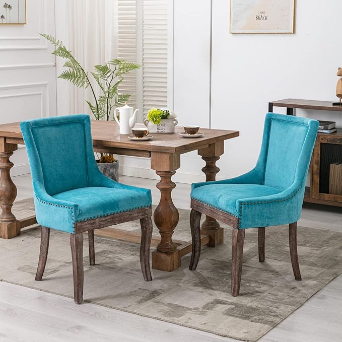 Modern Dining Chairs Set of 2, High Back Dining Chairs Side Chairs with Solid Wood Legs, Upholstered Fabric Dining Room Chairs for Dining Room Kitchen, Lake Blue