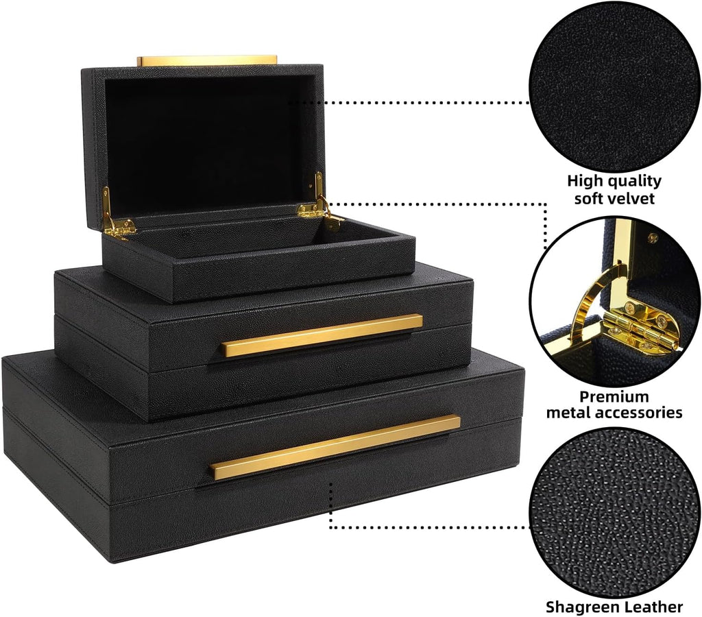 Set of 3 Decorative Boxes with Lids, Faux Shagreen Nesting Decorative Box for Home Decor, Jewelry Boxes, Photo Boxes, Keepsake Storage Boxes (Black)