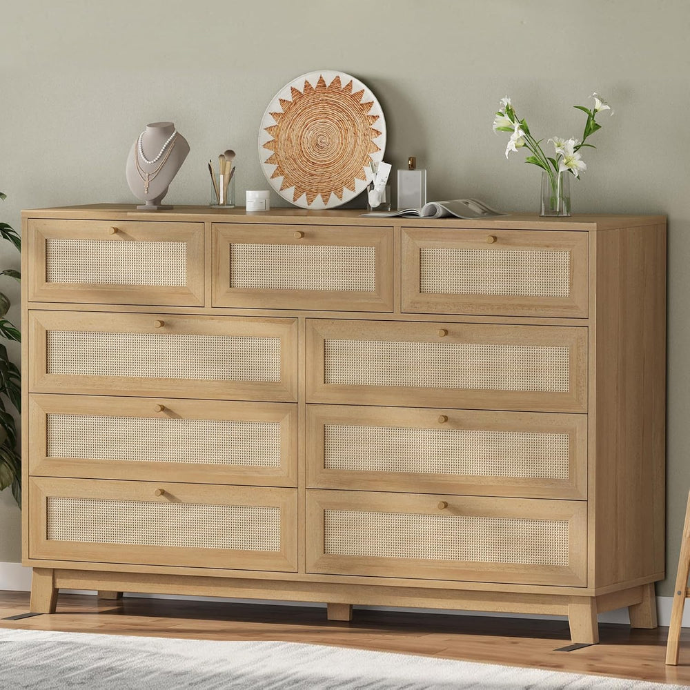 AOGLLATI Rattan Dresser for Bedroom with 9 Drawer, Modern Wooden Long Bedroom...
