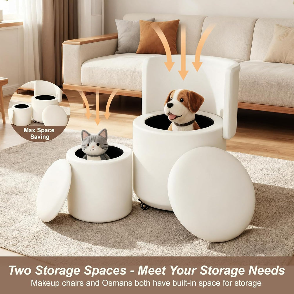 JPBSTO Rolling Round Vanity Chair with Storage, Swivel Makeup Chair with Fold...