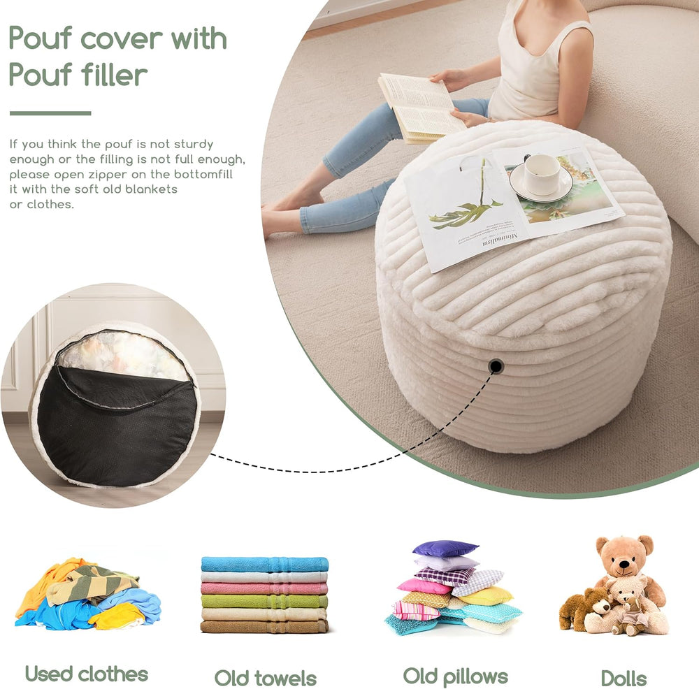 HIGOGOGO Round Stuffed Pouf Ottoman, Stripe Faux Fur Poufs with Foam Chunk Fi...