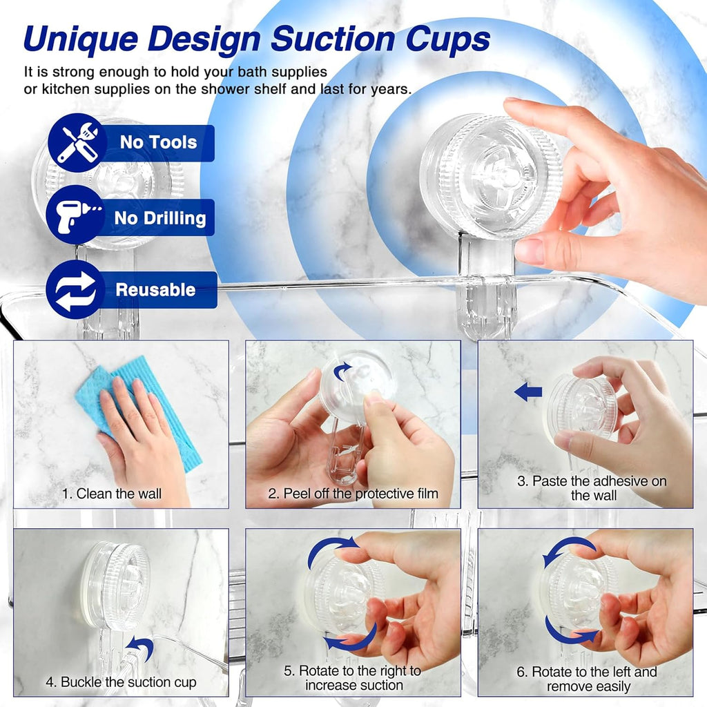 Clear Shower Caddy Suction Cup Shelf Organizer with Hooks Removable Shower Basket Light Luxury Style Punch-Free Dorm Wall Storage Rack for Kitchen Bathroom Set of 3