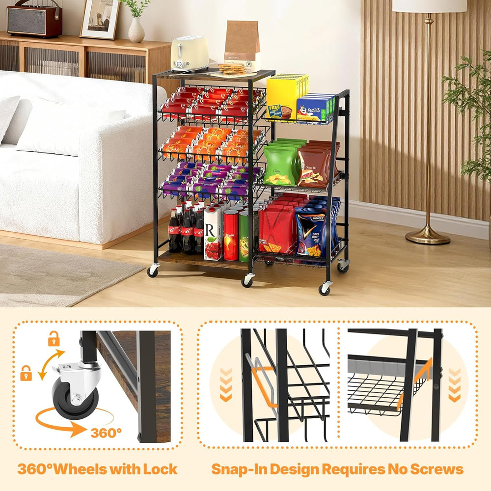 Pinzoveco 5-Tier Rolling Kitchen Storage Carts, Snack Cart with Wheels, Fruit...