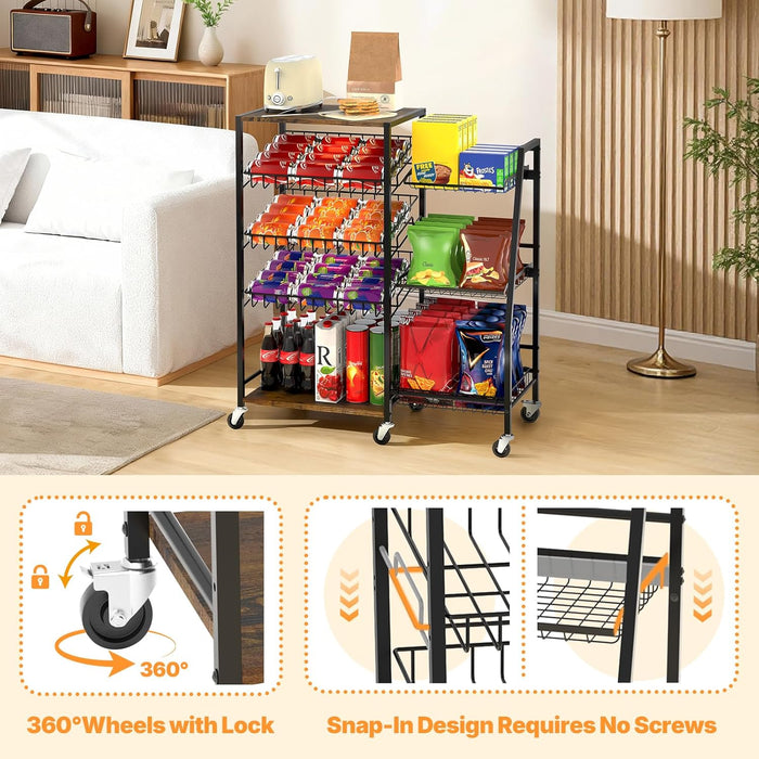 Pinzoveco 5-Tier Rolling Kitchen Storage Carts, Snack Cart with Wheels, Fruit Organizer（Fruit Basket Rolling Cart, Vegetable Holder for Kitchen, Holds Soda Drinks, Cans, Snacks, Onions, Potatoes