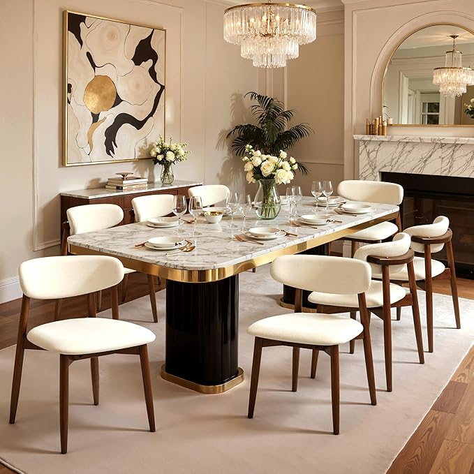 CHUN YI Dining Chairs Set of 8, Upholstered Wooden Dining Room Chairs, Mid Century Modern Fabric Kitchen Chair with Ergonomic Curved Backrest, Beige (Only Chairs)