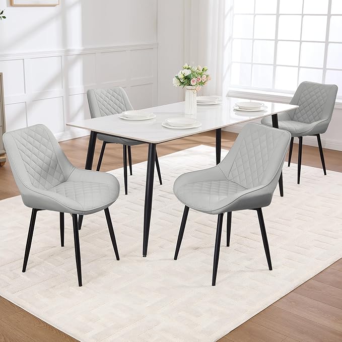 Dining Chair Set of 4, Modern Dining Chairs with Thick Cushions, Faux Leather Upholstered Kitchen Dining Room Chairs with Metal Adjustable Legs for Dining Living Room, Light Grey