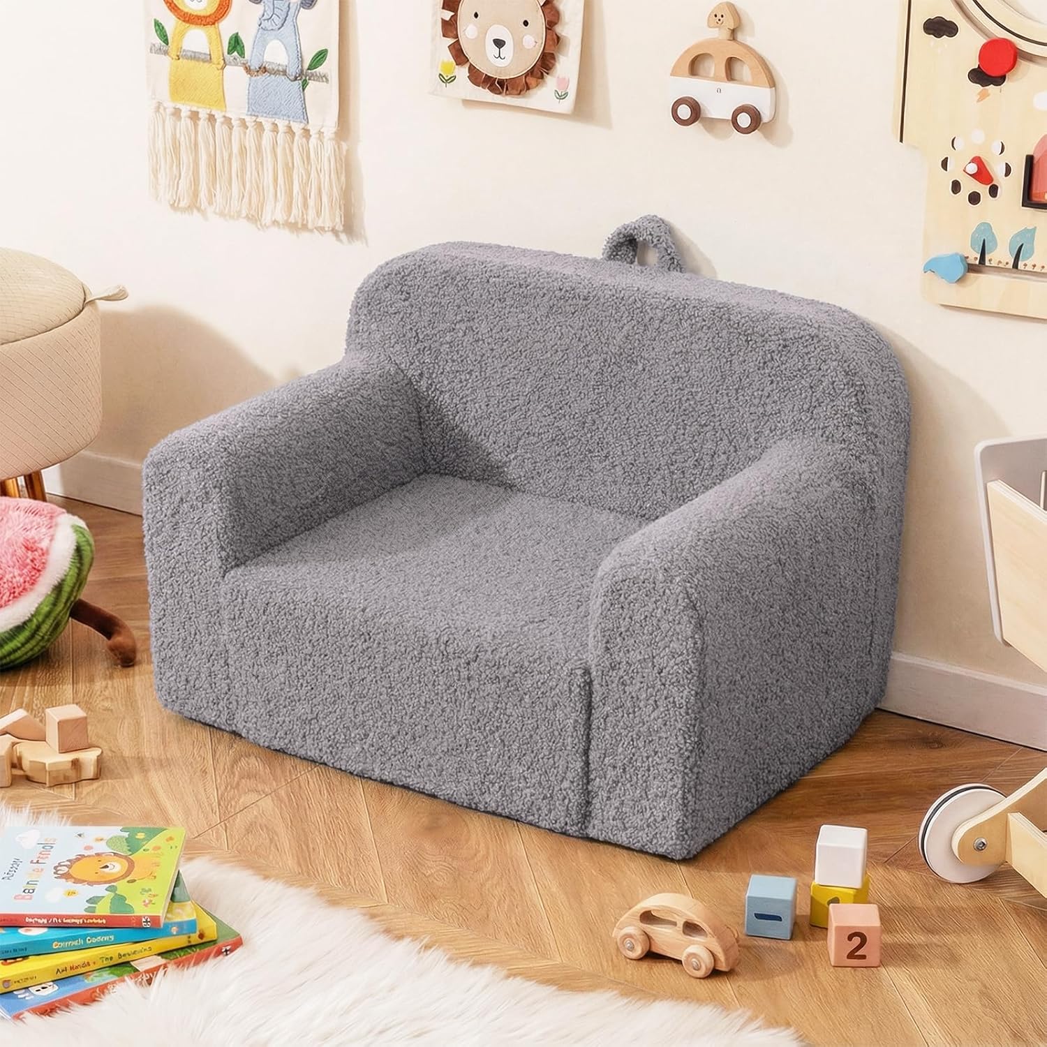 Costzon Kids Couch, Comfy Toddler Sofa Chair with Soft Fleece Fabric Cover, Kids Furniture for Playroom, Children Reading Armchair for Boys & Girls Aged 3+ Birthday (Medial,Grey)
