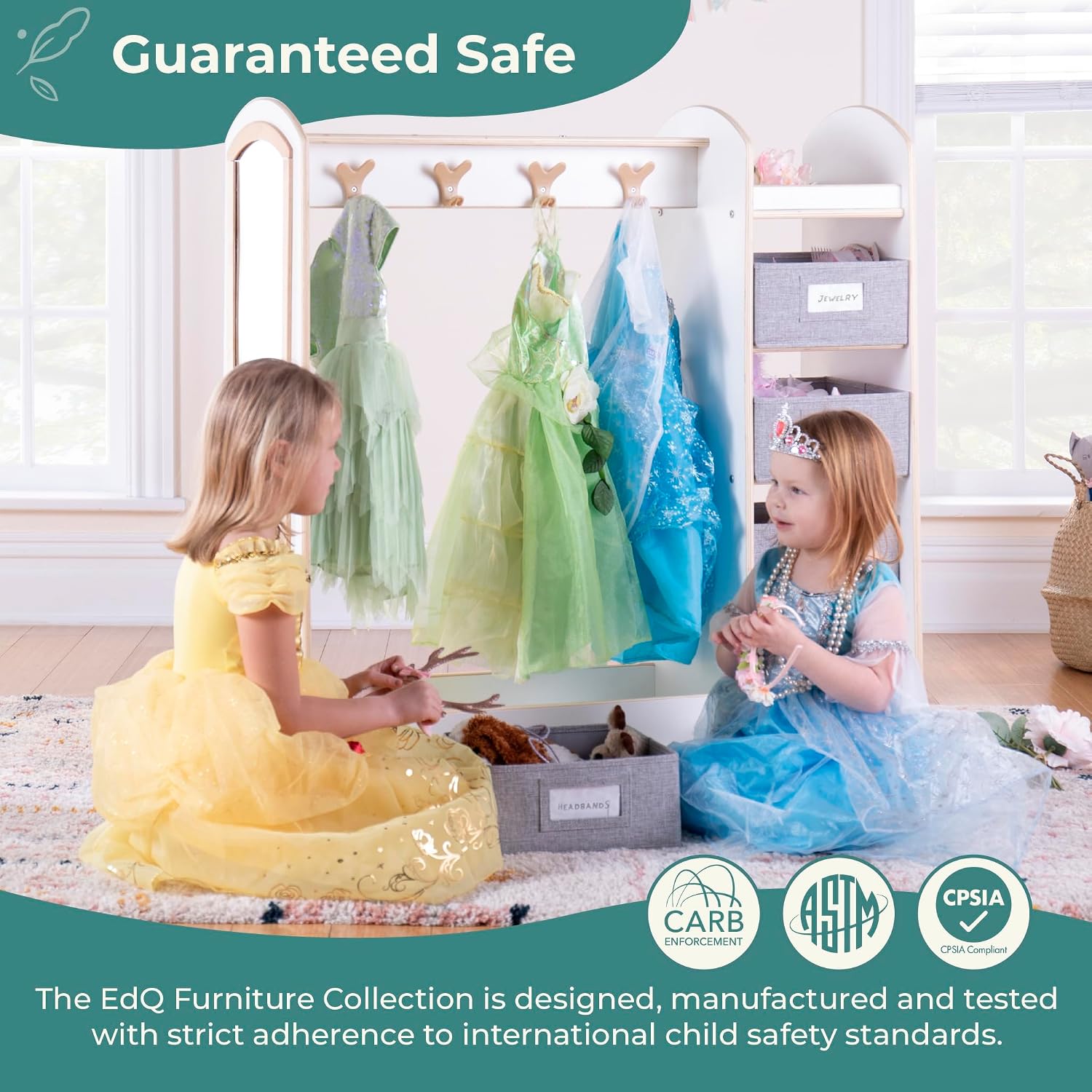 Guidecraft EdQ Dress-up Storage with Bins Natural: Kids Dress Up Rack with Mirror, Shoe Storage Shelf, and Cubbies for Costume and Pretend Play | Toddler Closet, Montessori Wood Bedroom Furniture