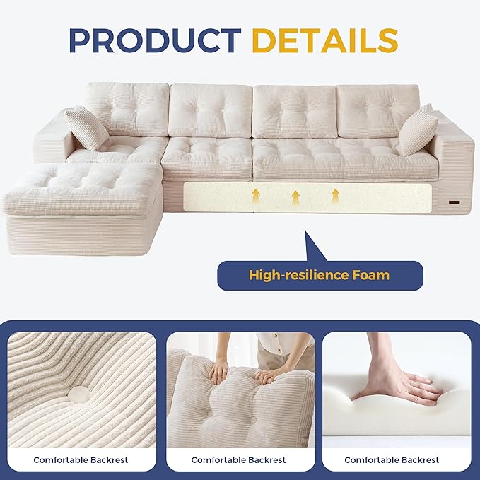 MAXYOYO 132" L Shaped Modular Sectional Sofa with Ottoman, Cloud Boneless Couch with Layered Cushion, Upholstered Sofa in a Box, Flexible Module Combination for Living Room, No Assembly, Beige