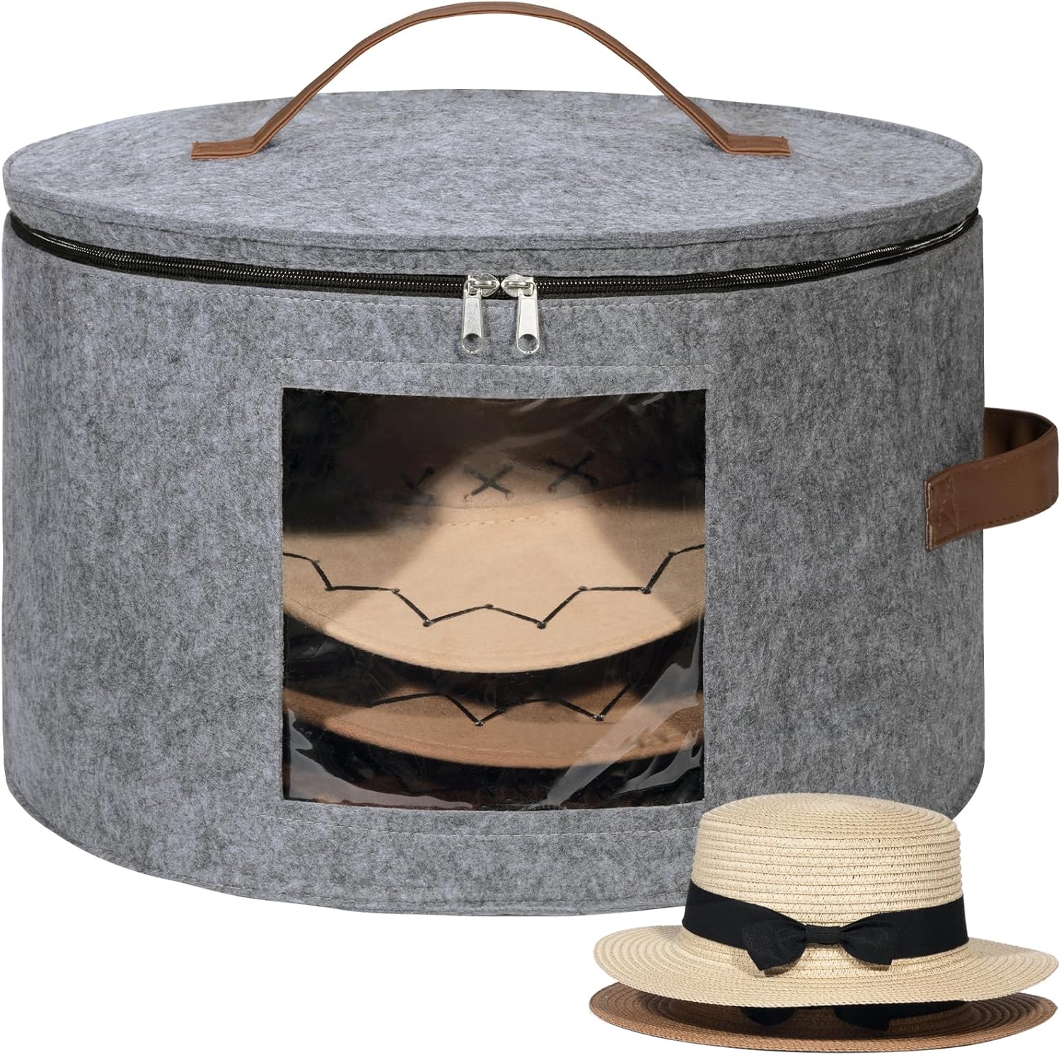 Lifewit Round Cowboy Hat Box for 7 Caps, Large Felt Hat Organizer Bag for Men & Women Storage, Baseball Cap Container with Dustproof Lid for Travel, Foldable 16.5" D x 10.6" H Carrier, Gray