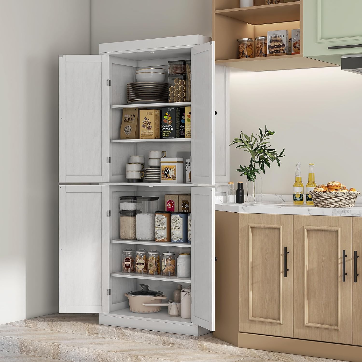 72" Tall Kitchen Pantry Storage Cabinet, 4-Door Freestanding Buffet with 2 Adjustable Shelves, Utility Cupboard Large Sideboard for Kitchen, Dining Room, White
