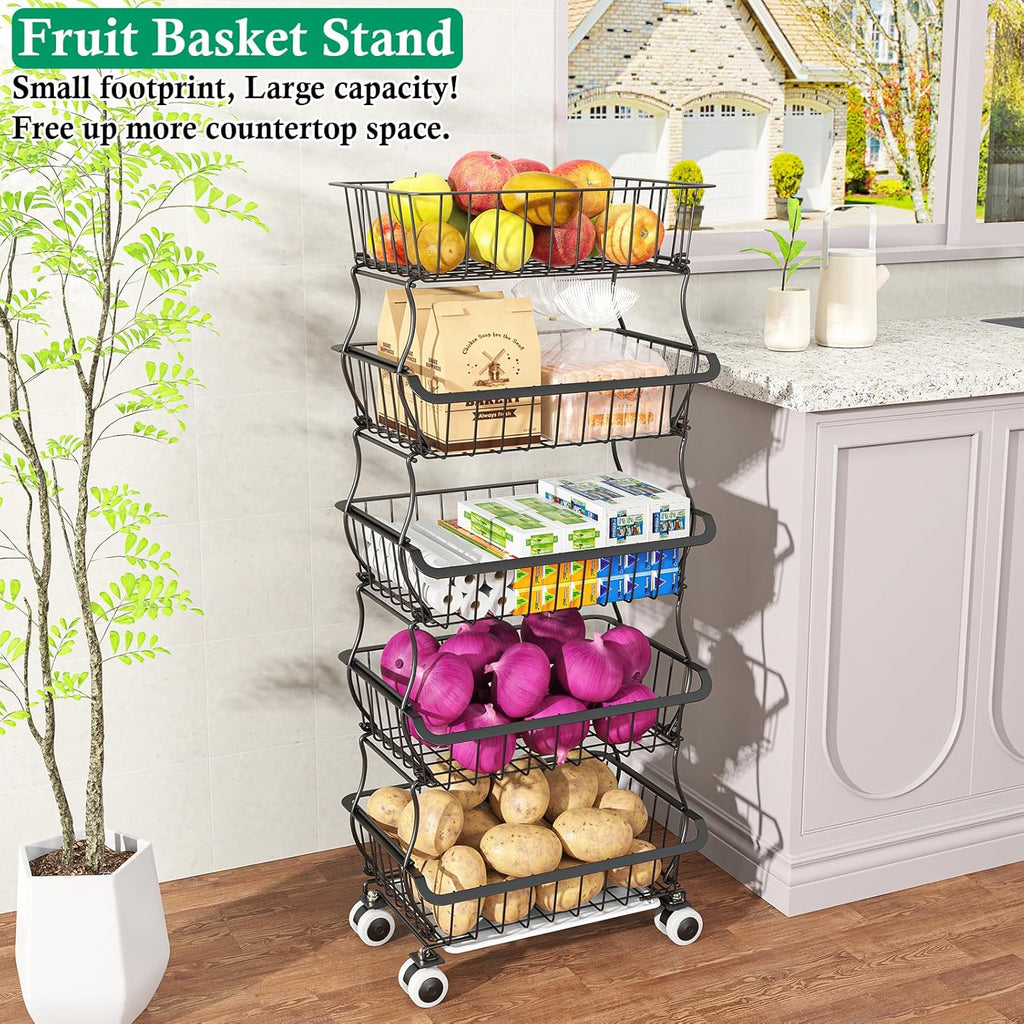 5 Tier Fruit Basket for Kitchen, Stackable Bins Wire Rack with Wheels, Fruit and Vegetable Storage Basket Pantry Food Snack Organizer Shelf, Kitchen Storage Cart for Onion and Potato, Produce