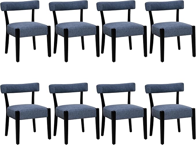 Modern Dining Chairs Set of 8, Upholstered Kitchen & Dining Room Chairs, Mid Century Modern Wooden Dining Chairs Oversized Sturdy Fabric Rounded Chairs Curved Back, Blue