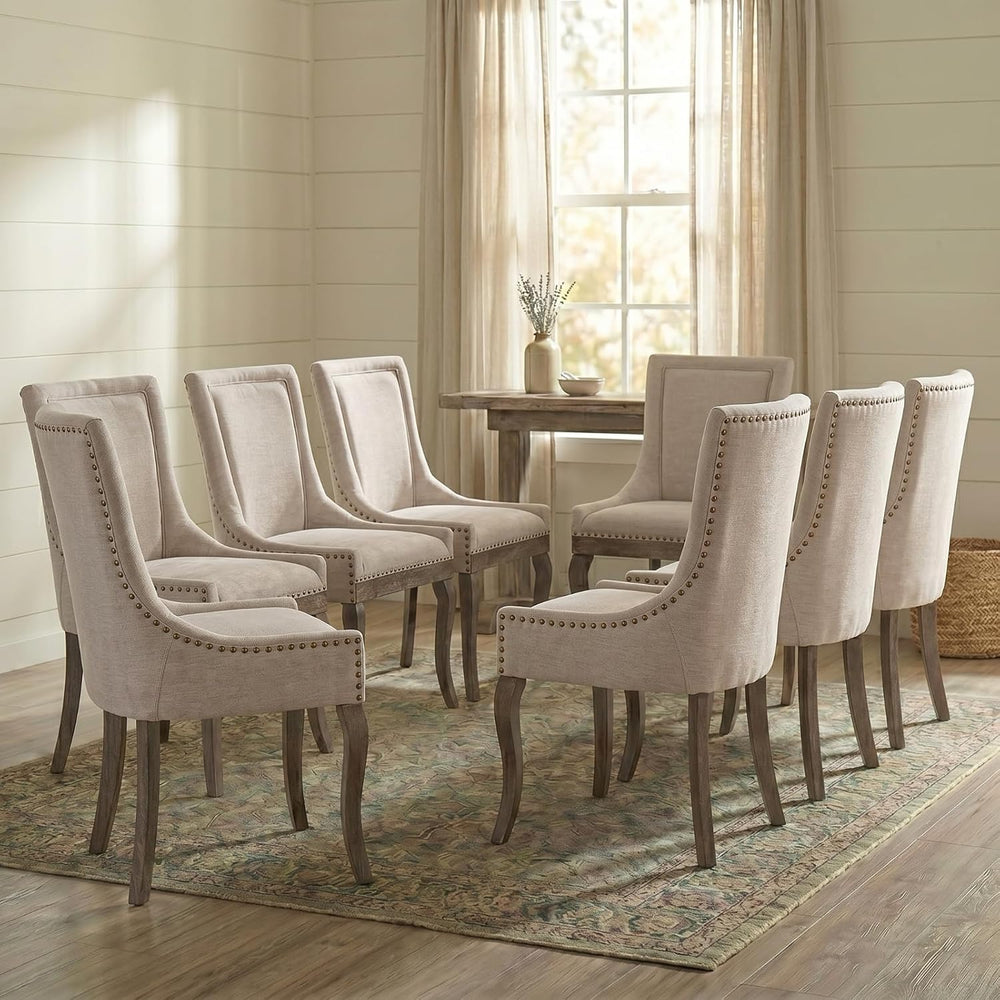 Upholstered Dining Chairs Set of 8, Beige Fabric Kitchen Chair with Nailhead ...