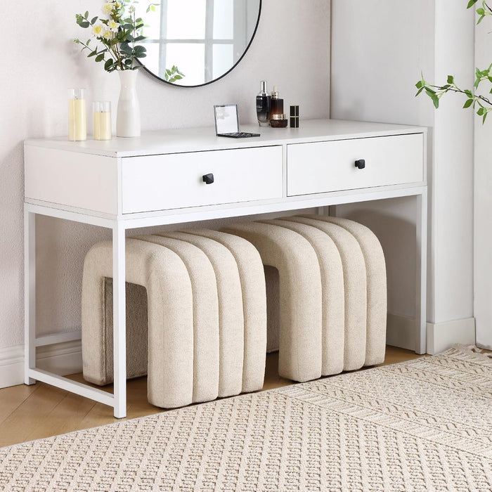 Beige Linen Ottoman Stool Set of 2, Cute Backless Vanity Stool Chair