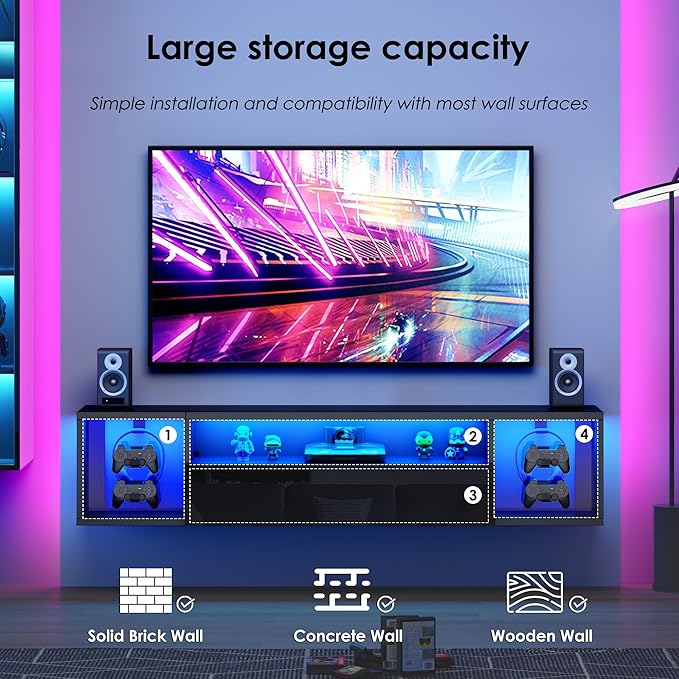 SogesHome 55'' Floating TV Stand with LED Lights, Wall Mounted Entert...