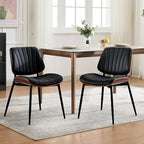 Garvee Dining Chairs Set of 4, Mid-Century Modern Upholstered Retro PU Leather Kitchen Chairs with Walnut Bentwood Back and Metal Legs Adjustable Feet for Kitchen Dining Room, Black Shell Strips