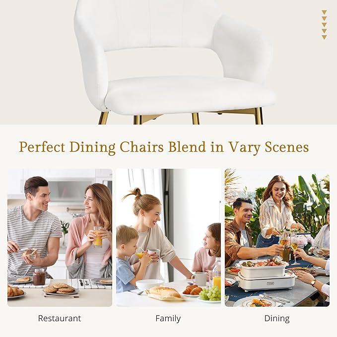 VECELO Velvet Dining Chairs Set of 6, Modern Upholstered Kitchen Chairs with Cushion, Padded Backrest and Metal Legs, White