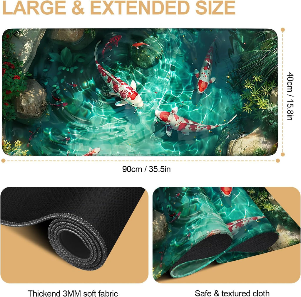 Large Mouse Pad Koi Fish Desk Mat, Extended Gaming Mouse Pad with Non-Slip Rubber Base, Thick 3mm Smooth Surface Keyboard Mat for Office & Home,35.43 x 15.75 in