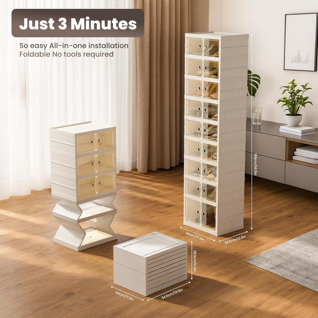 Foldable Shoe Organizer Storage Box Set of 2, Portable Extra Large Folding Shoe Rack for Closet, Shoe Storage Box with Magnetic Transparent Door and Wheels, 9 Layers 18 Grids with 2 Big Grids
