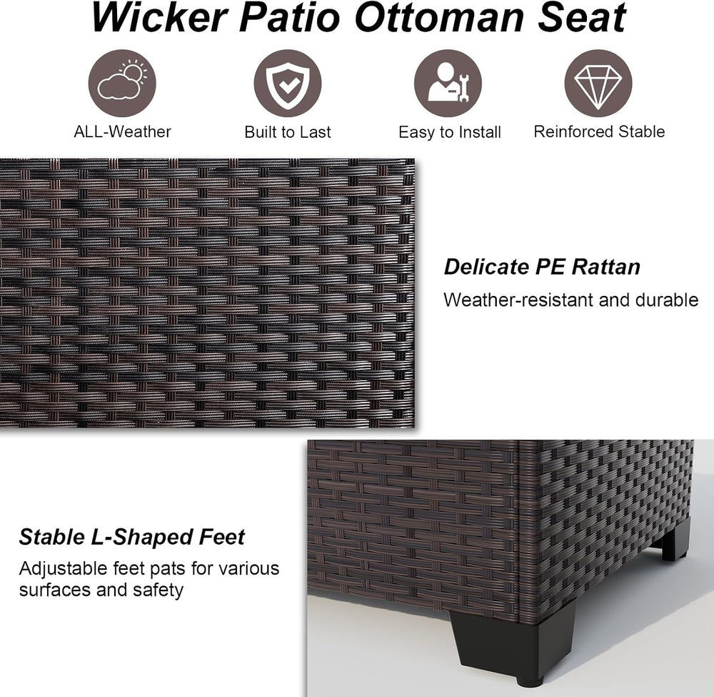 2 Pieces Wicker Ottomans, All Weather Rattan Patio Ottoman with Removable Cus...